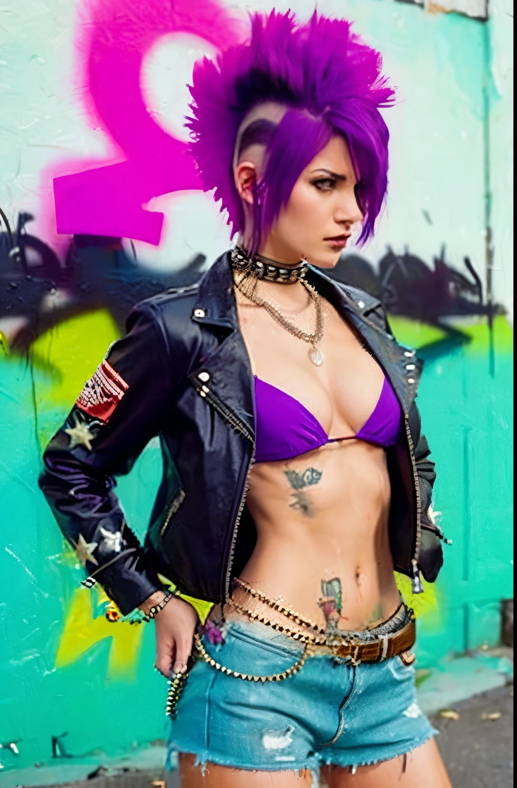 (Artwork, best quality:1.2), 1 girl ,intrincately detailed, "Punk Girl", in dynamic pose, ((spiky mohawk hair, purple punk hair, wearing a black jacket, chains, Rocket style, tatuados , hot body, abdomen)) . Shallow depth of field, vignette, highy detailed, high budget, bokeh, cinemascope, temperamental, epic, marvelous, film grain, grainy. ((Abandoned Graffiti Wall Background)).