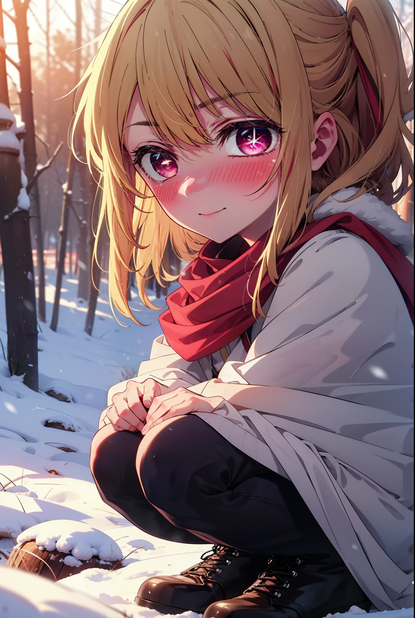rubyhoshino, Hoshino Ruby, Long Hair, bangs, blonde, (Pink Eyes:1.3), Side Lock, (Symbol-shaped pupil:1.5), Multicolored Hair, Two-tone hair, smile,,smile,blush,white breath,
Open your mouth,snow,Ground bonfire, Outdoor, boots, snowing, From the side, wood, suitcase, Cape, Blurred, , forest, White handbag, nature, Squat, Mouth closed, Cape, winter, Written boundary depth, Black shoes, red Cape break looking at viewer, Upper Body, whole body, break Outdoor, forest, nature, break (masterpiece:1.2), Highest quality, High resolution, unity 8k wallpaper, (shape:0.8), (Beautiful and beautiful eyes:1.6), Highly detailed face, Perfect lighting, Extremely detailed CG, (Perfect hands, Perfect Anatomy),