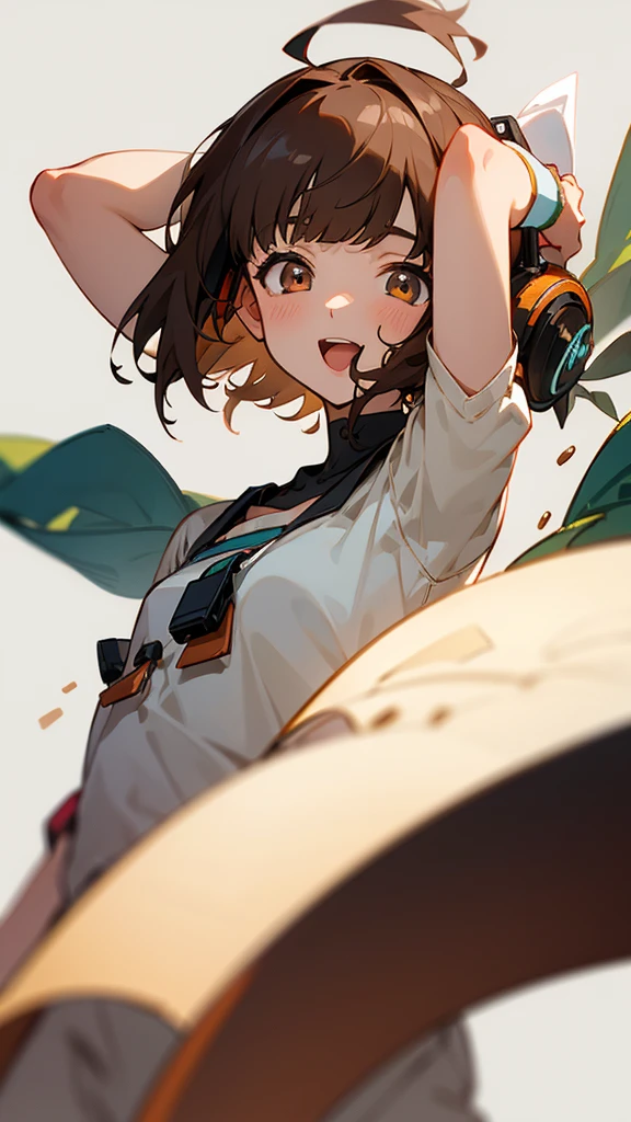 One girl, Brown Hair, Medium Hair, Textured skin, chest, Open your mouth, Bright Eyes, happiness/joy, Simple Background, Headphones worn behind the head, Anime Bangs, Minimalist,