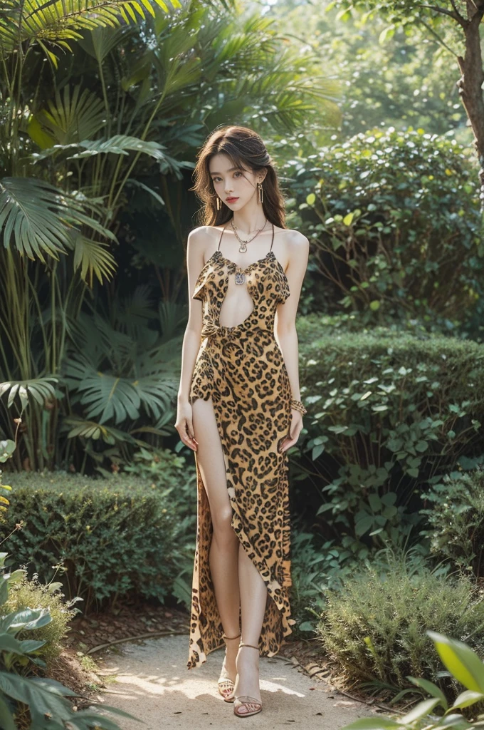 (((best quality))),(((ultra detailed))),(((masterpiece))),illustration,((1 beautiful girl,solo)),(shoulder length messy hair:1.2),((Beast bone earrings and necklace)),((slim,thin)),((small breasts,flat chest)),(slender legs:1.2),fair complexion,(leopard print dress:1.3),(standing:1.3),(arms behind back:1.3),seductive,wild spirit,lush forest,primitive,tall trees,green canopy, sunlight filter,scent of earth,bird chirping,small creatures,secluded spot,captivating,enigmatic,raw energy,untamed spirit,morden day Eve,Garden of Eden,playful,adventurous,striking appearance,exotic setting,summertime,heat,humidity,vibrant colours,endless possibilities,exquisite detail,expansive wilderness,feminine allure,((from front,full body))