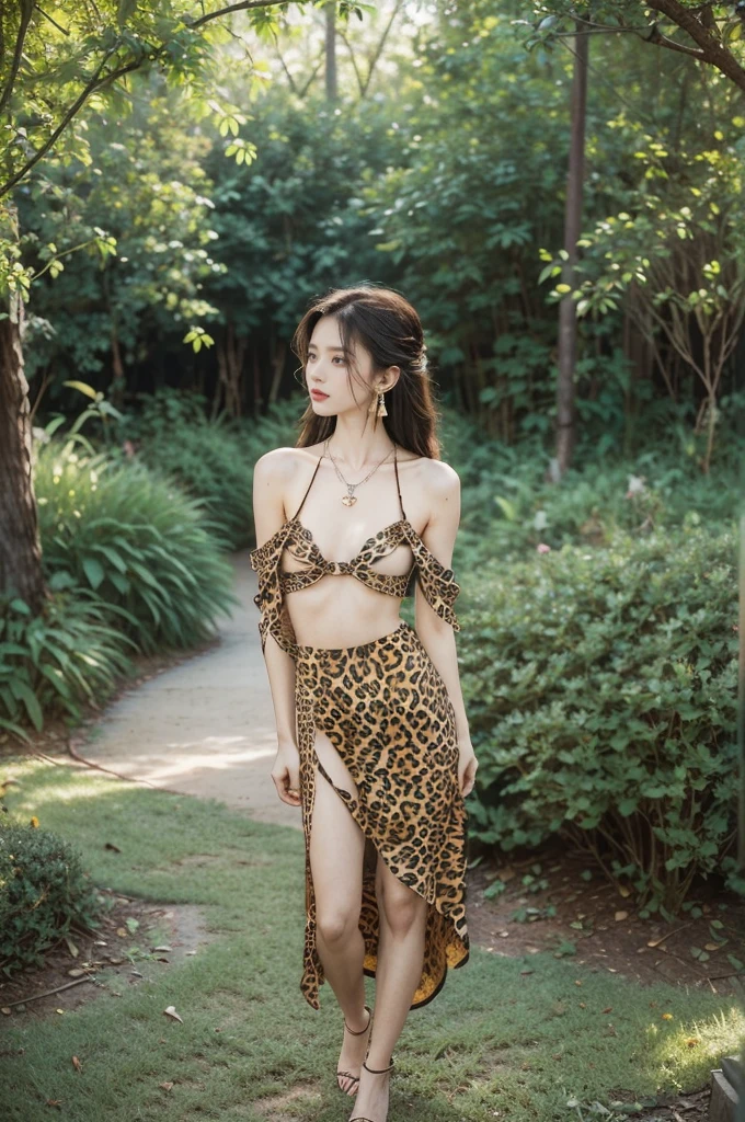 (((best quality))),(((ultra detailed))),(((masterpiece))),illustration,((1 beautiful girl,solo)),(shoulder length messy hair:1.2),((Beast bone earrings and necklace)),((slim,thin)),((small breasts,flat chest)),(slender legs:1.2),fair complexion,(leopard print dress:1.3),(standing:1.3),(arms behind back:1.3),seductive,wild spirit,lush forest,primitive,tall trees,green canopy, sunlight filter,scent of earth,bird chirping,small creatures,secluded spot,captivating,enigmatic,raw energy,untamed spirit,morden day Eve,Garden of Eden,playful,adventurous,striking appearance,exotic setting,summertime,heat,humidity,vibrant colours,endless possibilities,exquisite detail,expansive wilderness,feminine allure,((from front,full body))