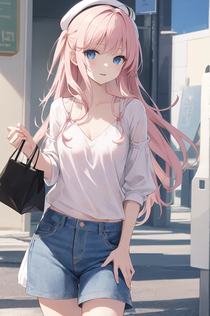 Beautiful illustrations, Highest quality, Girl、Lori、っぽい、Small breasts、Cute  girl, (Conversion Sequence),  Baby Face, Long pure white pink mesh hair, Beautiful and exquisite blue eyes, Cinema Lighting, Cowboy Shot,, Happy、Baggy clothes、hat、Jeans shorts、Too much skin tone、sunglasses