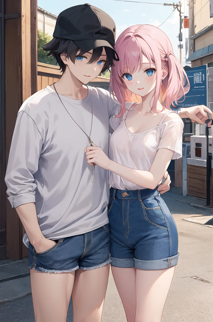 Beautiful illustrations, Highest quality, Girl、Lori、っぽい、Small breasts、Cute  girl, (Conversion Sequence),  Baby Face, Long pure white pink mesh hair, Beautiful and exquisite blue eyes, Cinema Lighting, Cowboy Shot,, Happy、Baggy clothes、hat、Jeans shorts、Too much skin tone、sunglasses