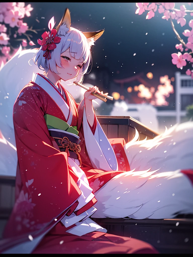 (Sumilux f1.4 50mm , low Latitude old color negative film , cross process , bokeh, flare, chromatic aberration , soft focus, (Shallow focus) , soft glow , Maximum aperture, High Key , Transparent depiction) , kawaii hentai anime , Japanese Heian period , Royal girl, fox mask , (round Maro eyebrows) , kimono, sitting , (Peony flowers blooming:0.8) , closeup face , Snow is falling , steamy breath , Kagura Dance