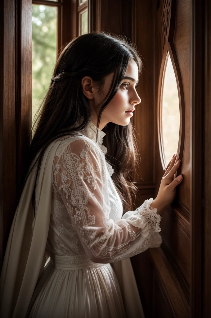 قلعة كبيرة ومظلمة بأجواء magicية وetherealة. There are high towers in the castle. The castle is surrounded by large and wooded forests. There is the face of a girl with black hair, German accents, and a pale face, looking out the window. which is imaginary. fantasy. magic. ethereal. High quality. In the dark night.