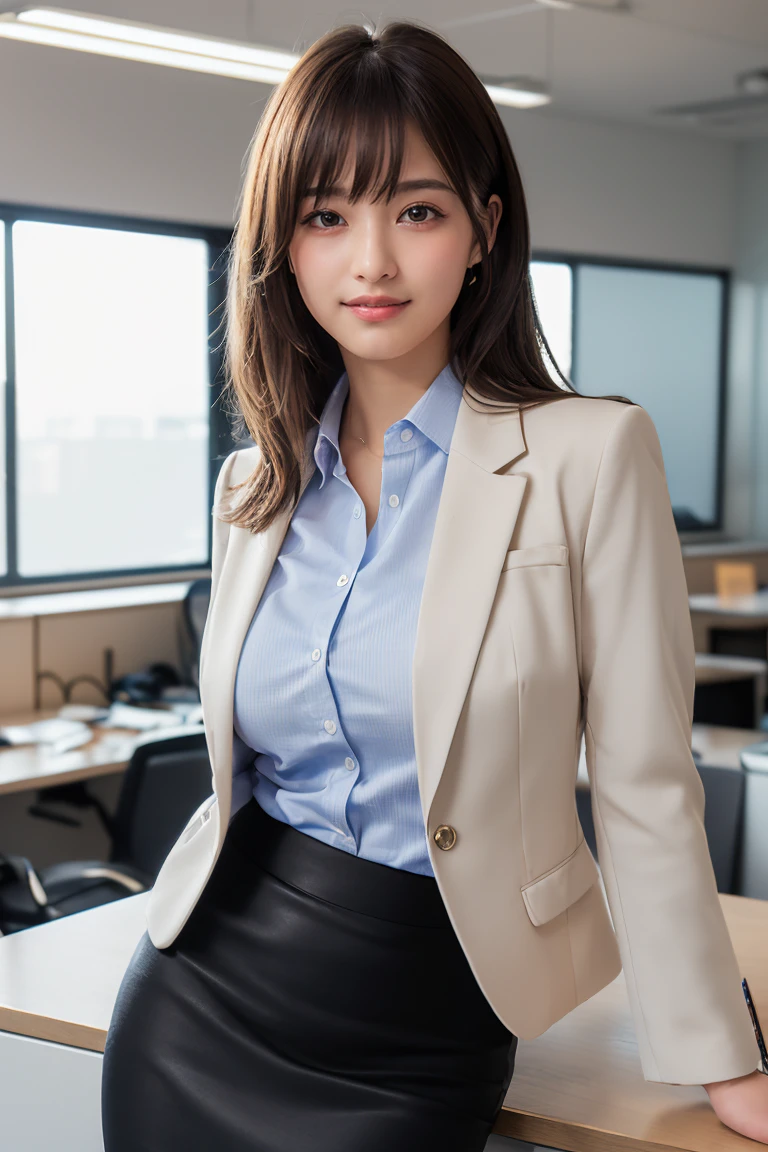 Flashy high school girl idol、whole body、good style、、、、、Gray uniform、、、sitting at the desk