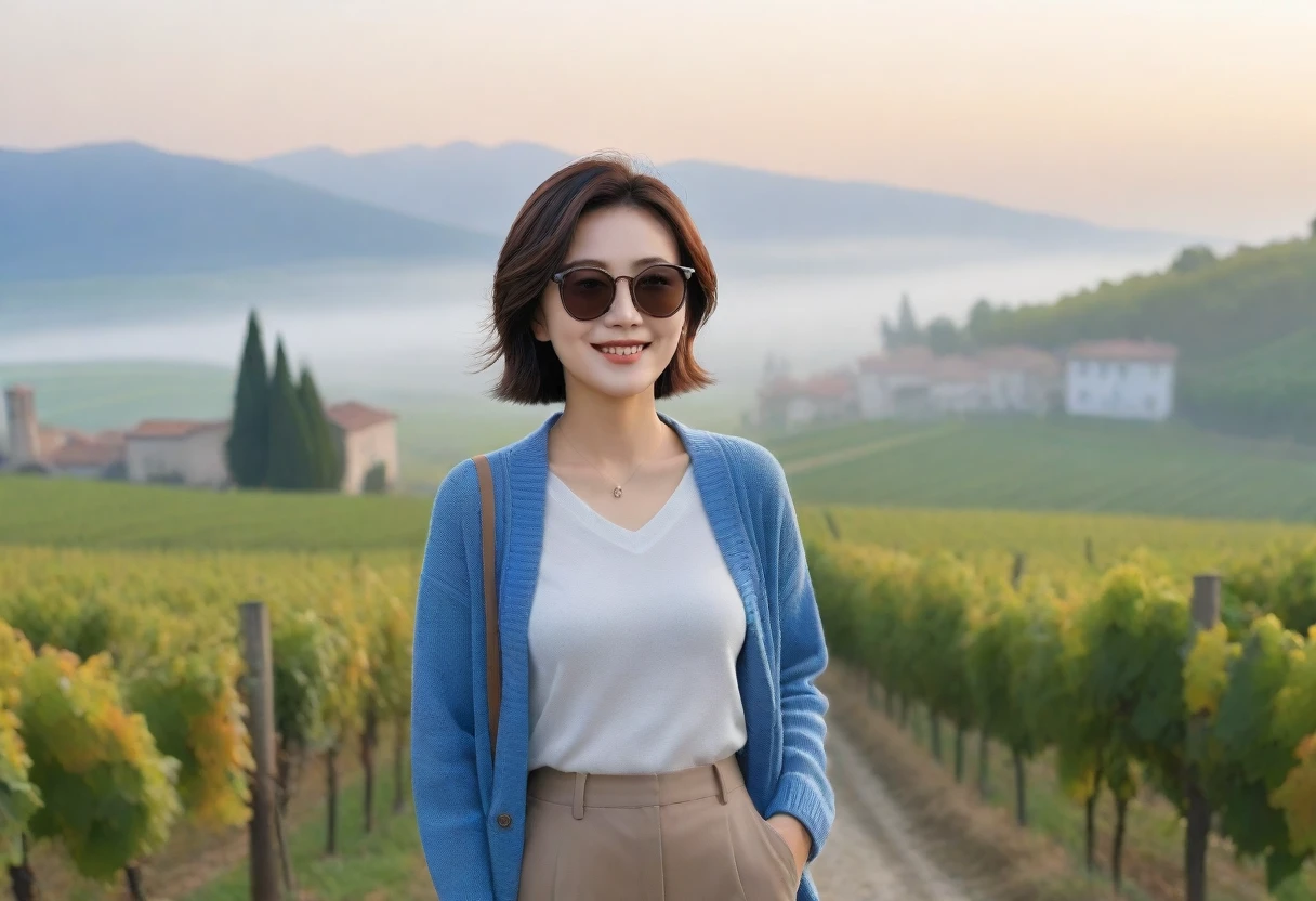 8k best picture quality, Beautiful 36-year-old Korean woman, Chest size 34 inches, Dawn in the early autumn countryside in northern Italy, View of the cathedral next to the vineyards, The back background is realistic and vivid quality., short medium hair, shirts and cardigans, Wear casual pants, Smile slightly. the background is clear, look up to the side., Looking at vineyards covered in thick fog from a hillside road, Wearing thick horn-rimmed sunglasses