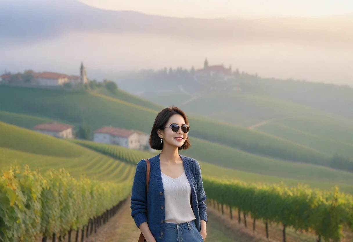 8k best picture quality, Beautiful 36-year-old Korean woman, Chest size 34 inches, Dawn in the early autumn countryside in northern Italy, View of the cathedral next to the vineyards, The back background is realistic and vivid quality., short medium hair, shirts and cardigans, Wear casual pants, Smile slightly. the background is clear, look up to the side., Looking at vineyards covered in thick fog from a hillside road, Wearing thick horn-rimmed sunglasses