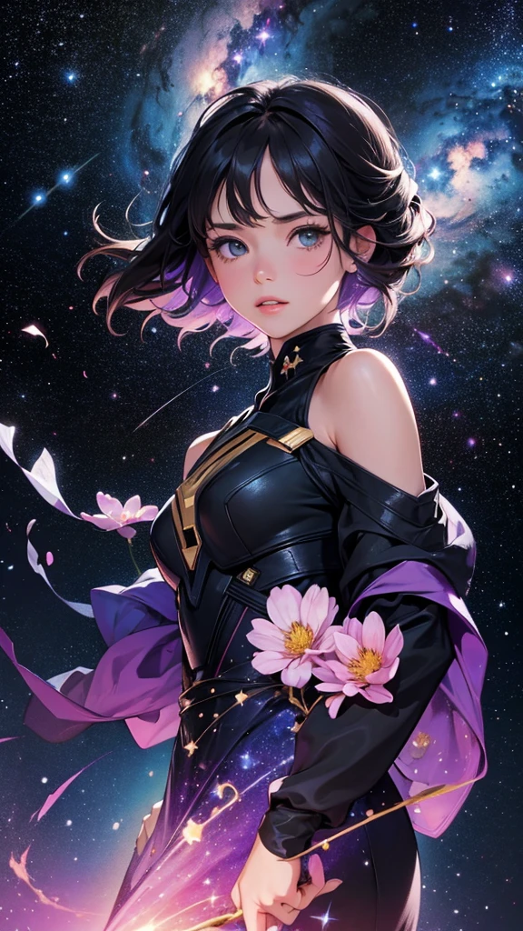 (Highest quality, masterpiece), One girl, Pause, particle, Wind, flower, Upper Body, Simple Background, View your viewers, Black and messy hair, Cosmic, nebula, Milky Way