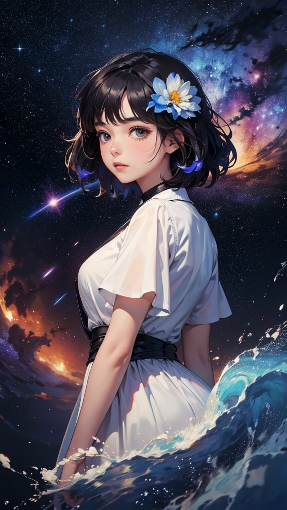 (Highest quality, masterpiece), One girl, Pause, particle, Wind, flower, Upper Body, Simple Background, View your viewers, Black and messy hair, Cosmic, nebula, Milky Way
