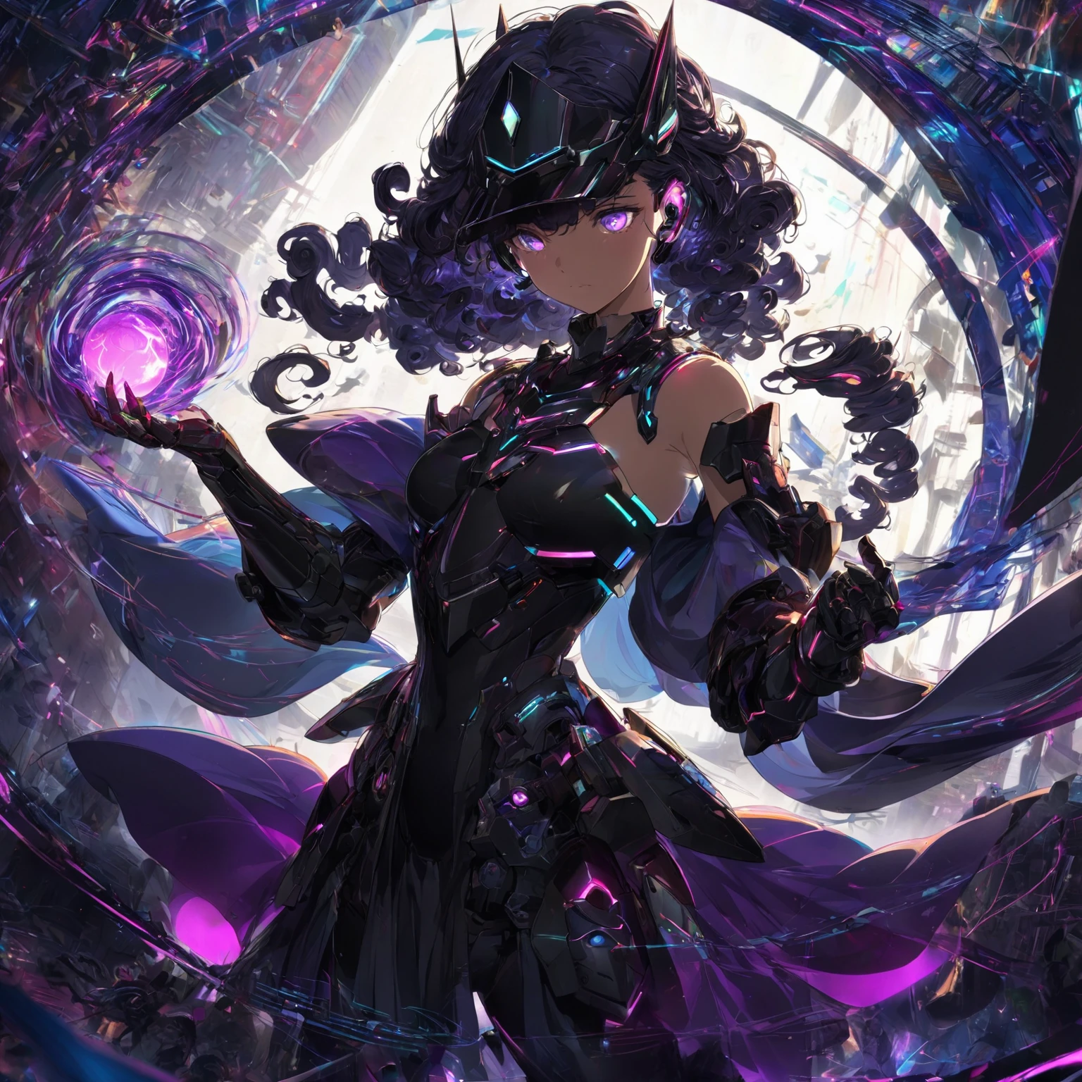A young woman with dark, curly hair, wearing a black, off-shoulder dress, She wears a sleek, high-tech visor with neon accents, a small glowing earpiece embedded in her ear, a form-fitting chest plate with neon lines, a cropped asymmetrical jacket with LED strips, high-tech gauntlets with glowing circuitry, flexible bracers with a matte finish, a utility belt with transparent compartments, a layered asymmetrical skirt with armored panels and glowing edges, form-fitting leggings with reinforced sections, knee-high boots with segmented armor and retractable spikes, subtle mechanical accents like small gears and exposed circuitry, a color scheme of dark hues with bright neon accents, holographic elements like a disappearing cape and displays on her gauntlets, glowing lines and patterns that pulse rhythmically, and floating holographic particles that orbit her. standing in a mysterious environment with a glowing, swirling purple and black aura, holding a glowing purple orb in her left hand, (nude:0.9), with energy swirling around her, casting dramatic shadows, and a soft backlight illuminating her figure, detailed gorgeous face| anime style| key visual| intricate detail| highly detailed| breathtaking| vibrant| panoramic| cinematic| Carne Griffiths| Conrad Roset| gibbli 8k