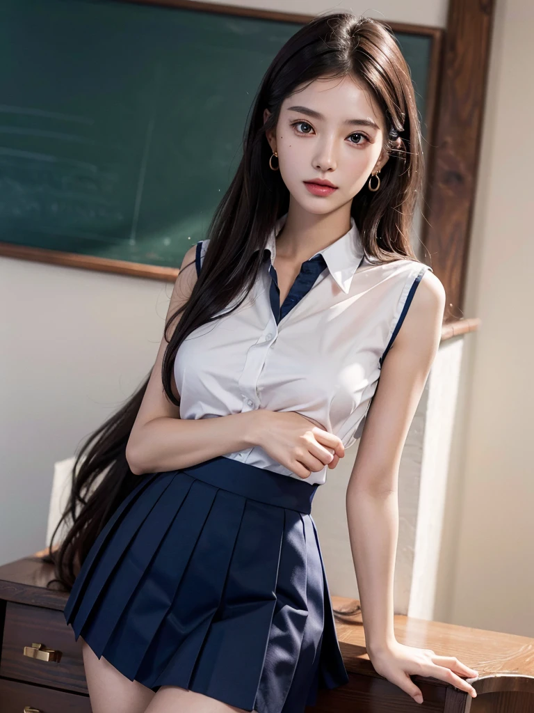 absurdres, RAW photo, extremely delicate and beautiful, masterpiece, Best Quality, ultra high resolution, 32k, hyperrealistic, ultra-detailed, perfect figure, in her 20s, very small head, very small face, delicate facial features, tearful mole, earring, ((very huge breasts)), ((full body shot)), medium hair, black hair, Korean school_uniform, summer school_uniform shirt, skirt, sleeveless, legs,