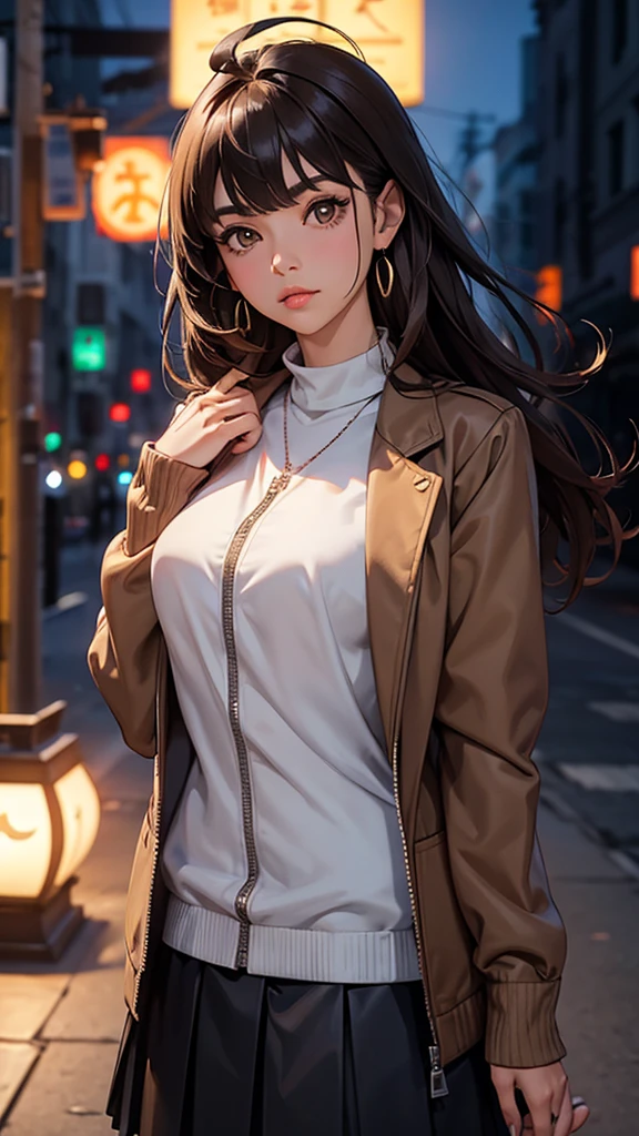 Characteristic,, , One girl, Ahoge, bangs, black skirt, black sweater, Blue Claws, Blurred, Blurred background, chest, Brown eyes, Brown Hair, brown Jacket, Mouth closed, Day付付き, Day, Depth of written boundary, Earrings, eyelash, Raise your hand, Tilt your head, Jacket, jewelry, Long Hair, Long sleeve, View your viewers, medium chest, Manicure, Open clothes, open Jacket, Outdoor, Pursed lips, Tucked in shirt, Side Lock, skirt, Sleeves are longer than the wrist, alone, sweater, Upper Body, zipper, , , ((masterpiece)), , 