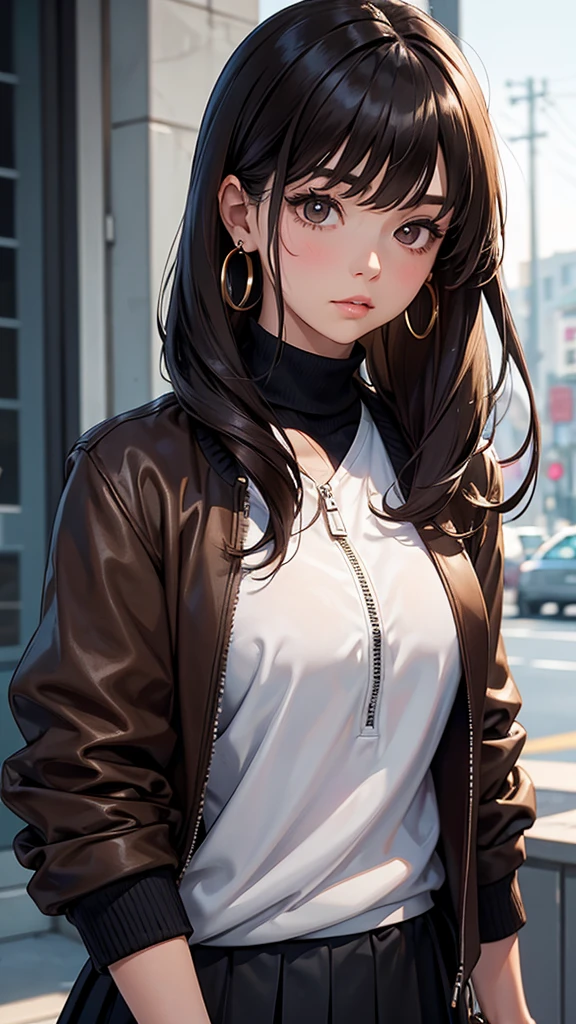 Characteristic,, , One girl, Ahoge, bangs, black skirt, black sweater, Blue Claws, Blurred, Blurred background, chest, Brown eyes, Brown Hair, brown Jacket, Mouth closed, Day付付き, Day, Depth of written boundary, Earrings, eyelash, Raise your hand, Tilt your head, Jacket, jewelry, Long Hair, Long sleeve, View your viewers, medium chest, Manicure, Open clothes, open Jacket, Outdoor, Pursed lips, Tucked in shirt, Side Lock, skirt, Sleeves are longer than the wrist, alone, sweater, Upper Body, zipper, , , ((masterpiece)), , 