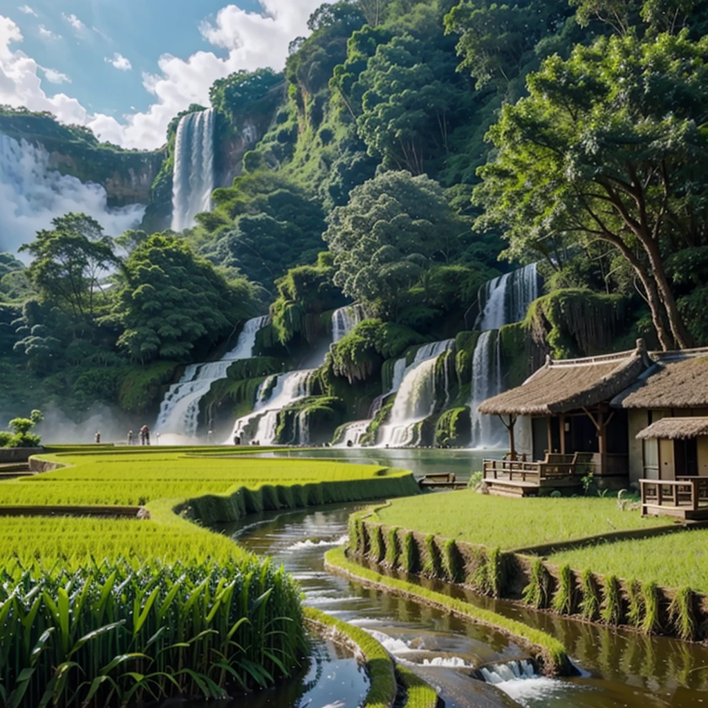 The waterfall near the light tree rice fields has buffalo