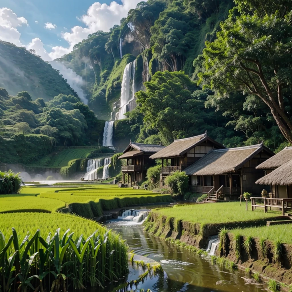 The waterfall near the light tree rice fields has buffalo