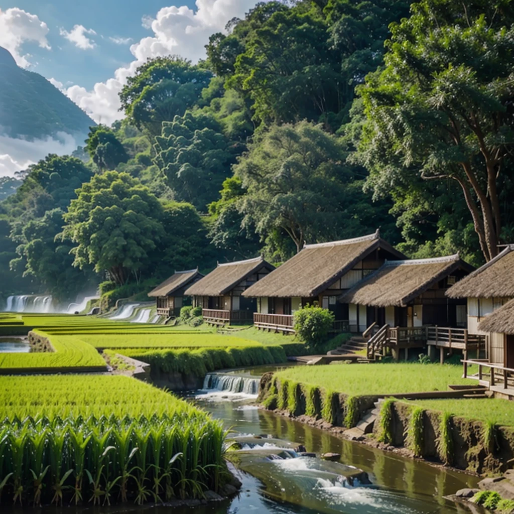 The waterfall near the light tree rice fields has buffalo