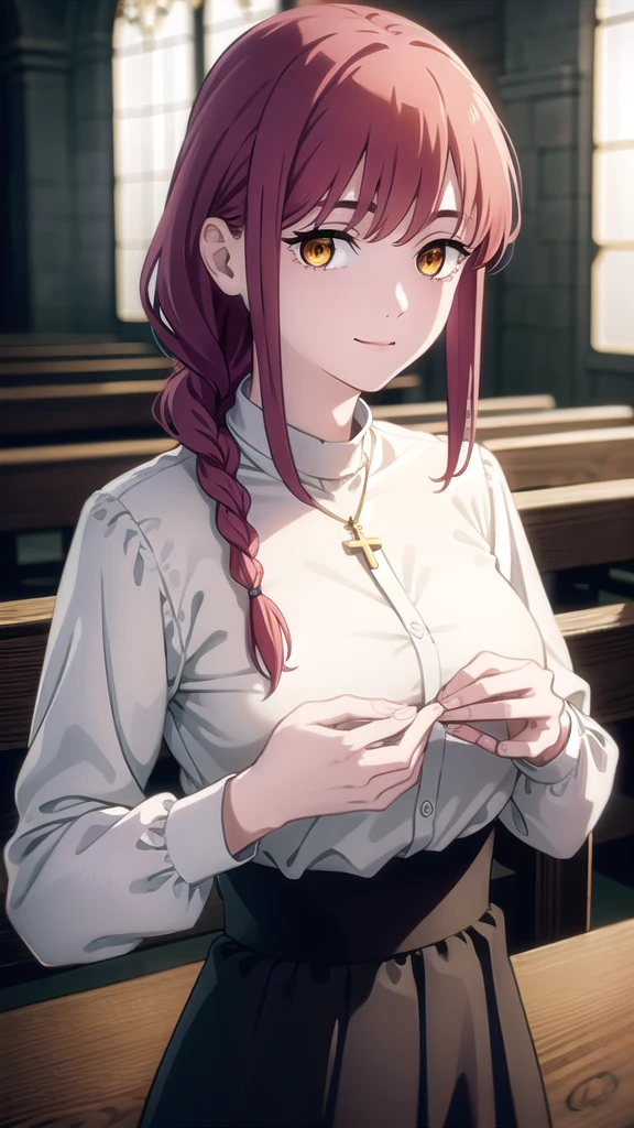 BREAK looking at viewer, BREAK outdoors, BREAK (masterpiece:1.2), best quality, high resolution, unity 8k wallpaper, (illustration:0.8), (beautiful detailed eyes:1.6), extremely detailed face, perfect lighting, extremely detailed CG, (perfect hands, perfect anatomy),makima, long hair, smile, bangs, (medium breasts:1.2), (yellow eyes:1.2),church,benches,candles,dark atmosphere, icons,crosses, dark light,night, braid, red hair, braided ponytail, ringed eyes,necklace,skinny fit,white blouse,black skirt,cleavege,neckline, lace bra, unbutton blouse,in middle of church, taking off blouse,from above, upper body,blood on blouse,
