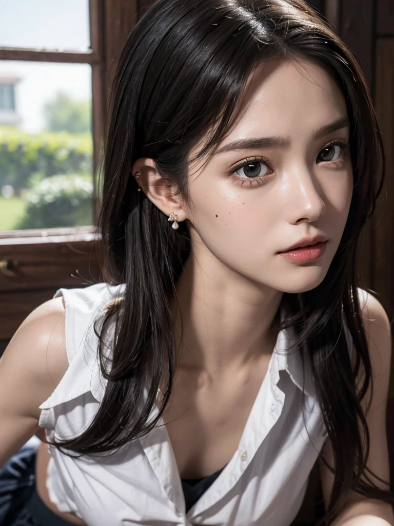absurdres, RAW photo, extremely delicate and beautiful, masterpiece, Best Quality, ultra high resolution, 32k, hyperrealistic, ultra-detailed, perfect anatomy, anatomically correct, perfect figure, Perfect Style, Perfect balance, super Detailed skin, in her 30s, very Slim body, narrow waist, very small head, very small face, delicate facial features, handsome detailed woman, very detailed eyes and face, realistic face proportions, Realistic beautiful face, Realistic beautiful eyes, tearful mole, earring, very huge round tits, full body shot, bare legs, medium hair, indoor, school_uniform, dress shirt, skirt, sleeveless,