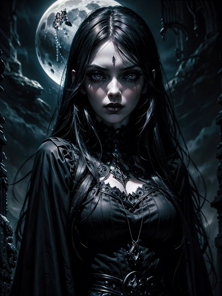 a dark gothic woman with tortured expression, beautiful detailed eyes, beautiful detailed lips, extremely detailed face, long eyelashes, black dress, pale skin, full moon, dark cloudy sky, dramatic lighting, chiaro, cinematic, moody, atmospheric, dark fantasy