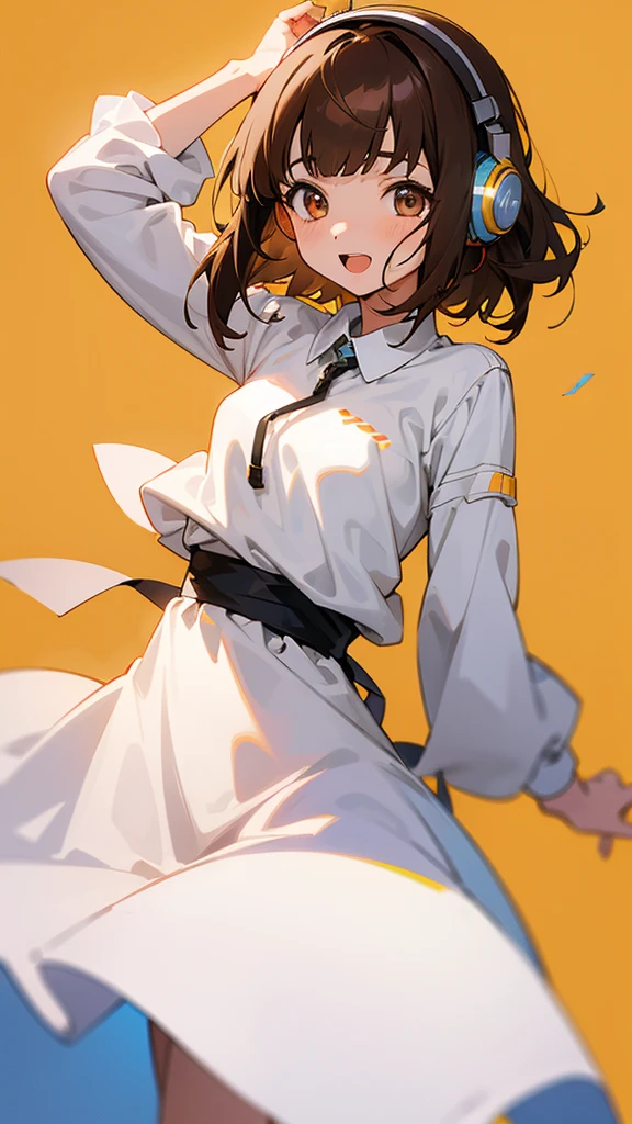 One girl, Brown Hair, Medium Hair, Textured skin, chest, Open your mouth, Bright Eyes, happiness/joy, Simple Background, Headphones worn behind the head, Anime Bangs, Minimalist, dress