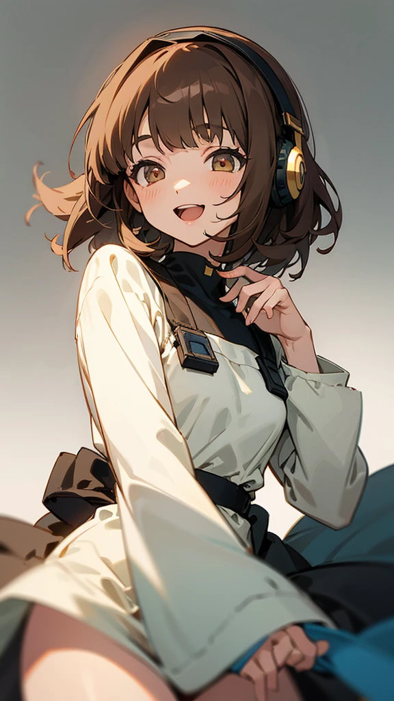 One girl, Brown Hair, Medium Hair, Textured skin, chest, Open your mouth, Bright Eyes, happiness/joy, Simple Background, Headphones worn behind the head, Anime Bangs, Minimalist, dress