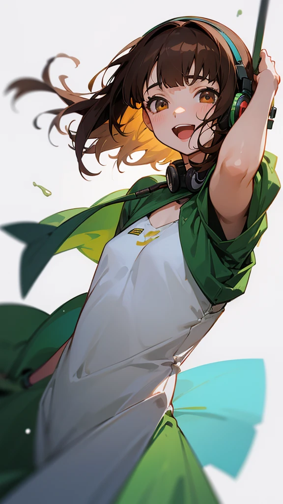 One girl, Brown Hair, Medium Hair, Textured skin, chest, Open your mouth, Bright Eyes, happiness/joy, Simple Background, Headphones worn behind the head, Anime Bangs, Minimalist, dress