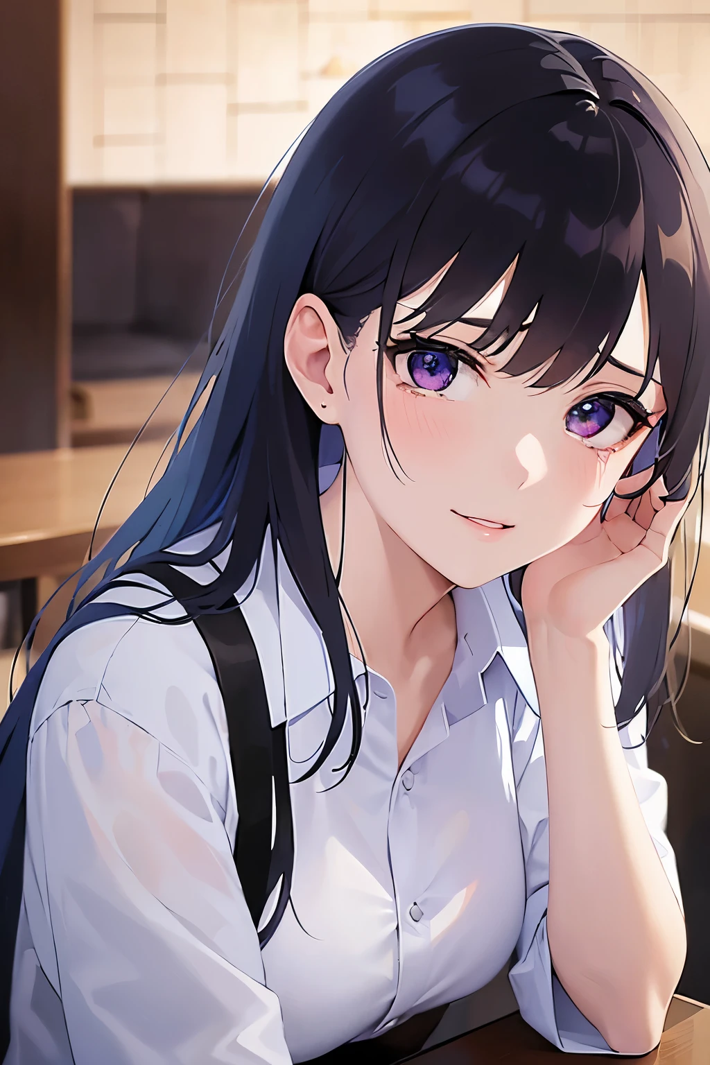 Shooting from above、hands on own face, looking up, Upper Body, Realistic, real person, (pale skin: 1.2), RAW photo, photorealistic, shiny skin, shiny hair、(A 25-year-old woman with straight hair and bangs) and (medium hair) and (black hair) and (purple eyes) , (white collared shirt)、(tears:1.3), smile, The background is the interior of a restaurant at night.、Alone、Are standing