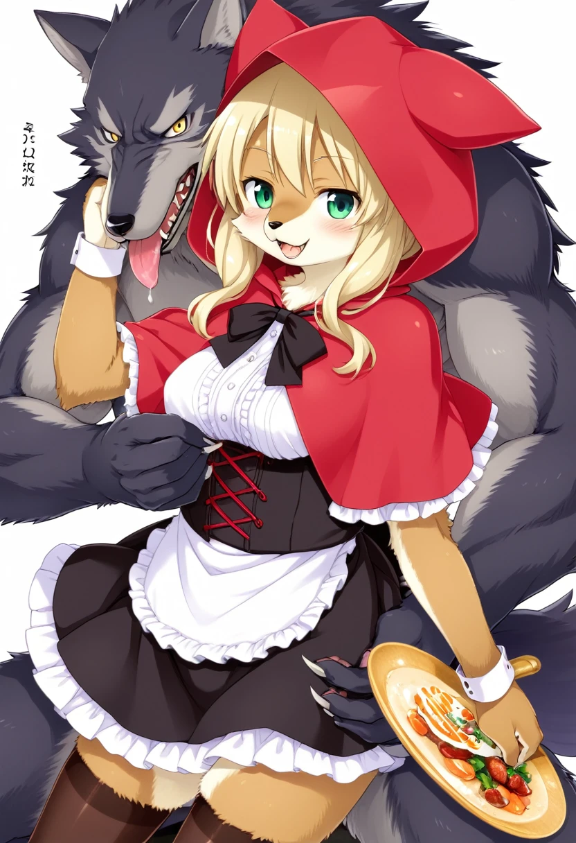 A doujinshi cover with a The werewolf of the bartender and the guest's Red Riding Hood, furry, kemono, with some elements of comedy manga,