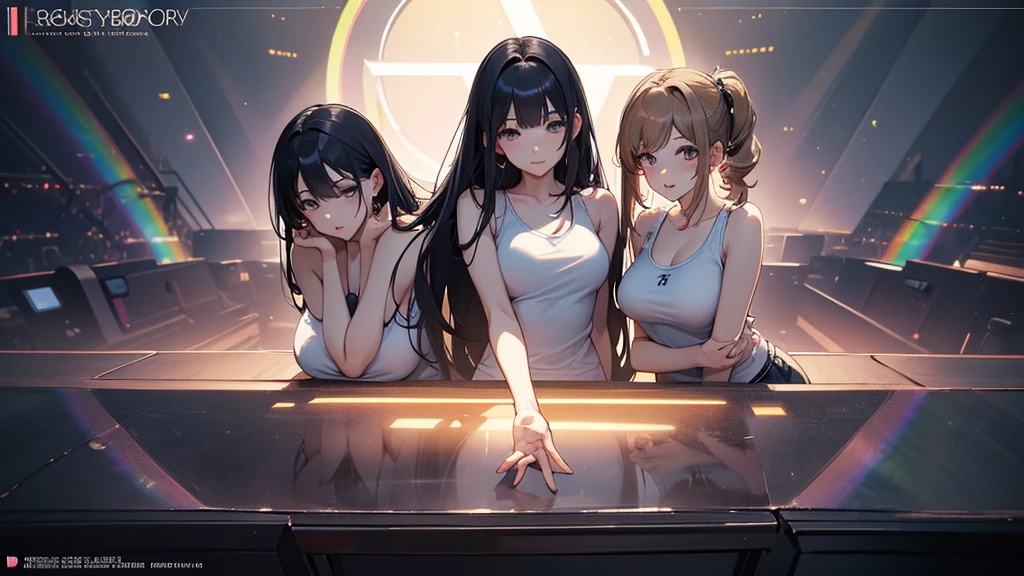 Album cover、masterpiece, Highest quality, Three Girls、Hugging portraits、K-POP ,Girls group,Tank top、Idol、8k,High resolution, ( Light_Styler:1.2)(Rainbow:1.2),(Excellent rendering, Stand out in the same class), (Amazing details, Excellent lighting, Wide-angle), Big Breasts(0.6), Detailed Background、Ultra-detailed details、