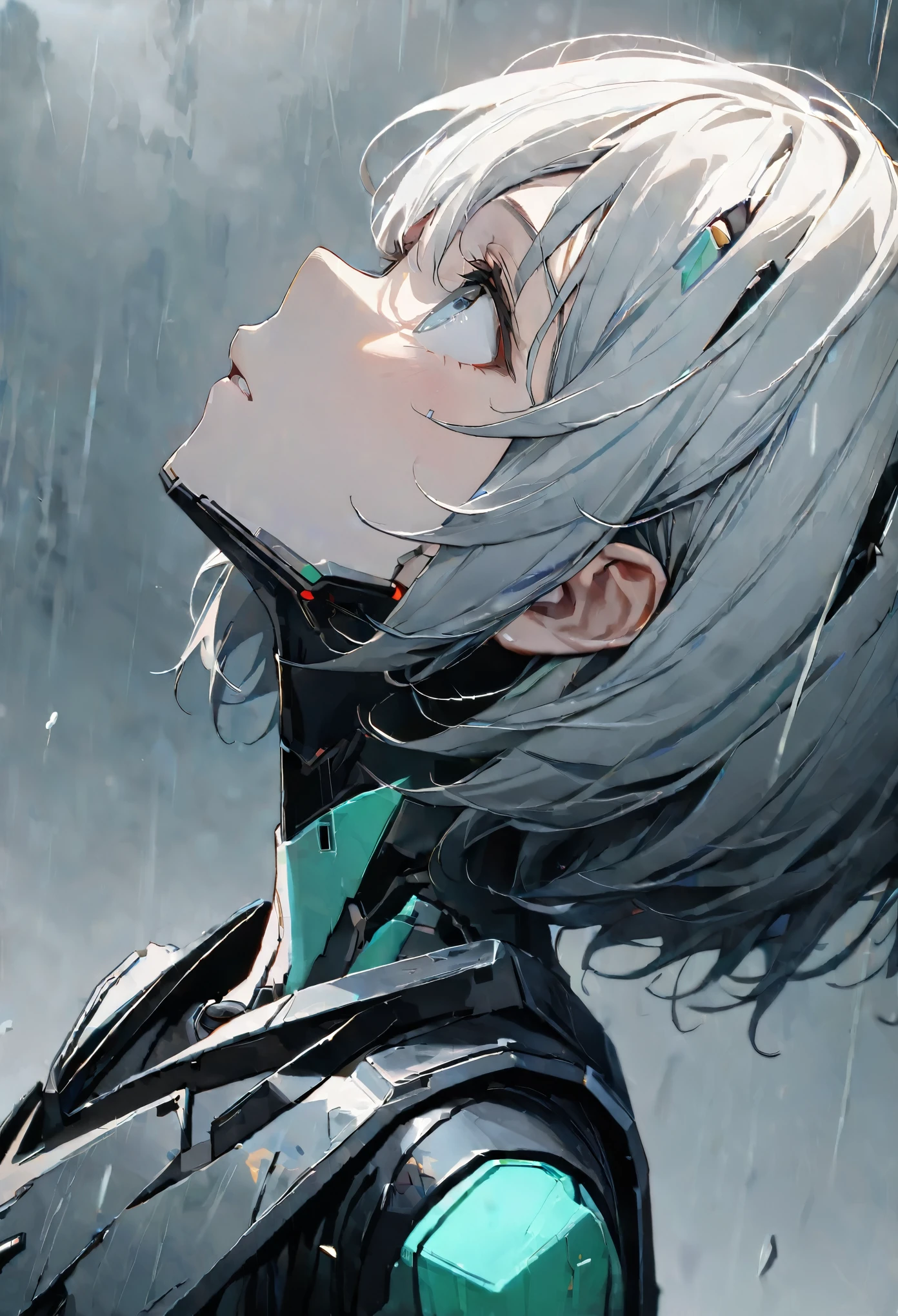 (8k, Highest quality)、Ultra-high resolution、Adorable、Highest quality, beautiful, Absurd beauty、masterpiece、Best image quality、Rainy old background,Broken Android,A sad and poignant work,Grey World,An android girl who still believes despite being abandoned by humans.close-up,Looking up at the sky,profile,Short Hair,cute,The rain hits my face and looks like tears