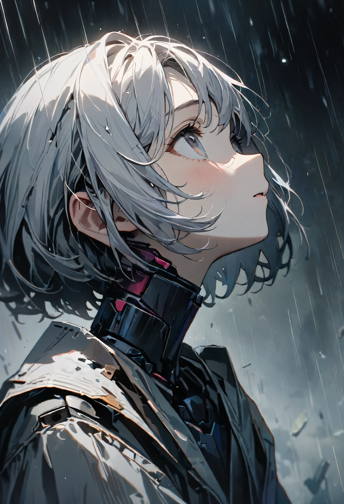 (8k, Highest quality)、Ultra-high resolution、Adorable、Highest quality, beautiful, Absurd beauty、masterpiece、Best image quality、Rainy old background,Broken Android,A sad and poignant work,Grey World,An android girl who still believes despite being abandoned by humans.close-up,Looking up at the sky,profile,Short Hair,cute,Sad eyes