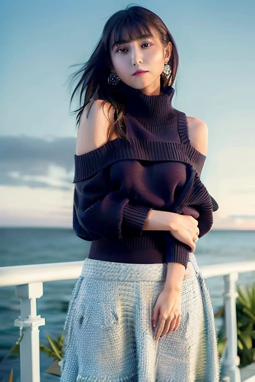 luna, ((  sweater, long sleeves, bare shoulders, skirt,  :1.4)),sarong, sunset, beach, floral print,  depth of field, night cityscape, (1girl:1.6),   short hair, ((Sliver hair:1.2)), ulzzang-6500v1.1, (original: 1.2), (realistic: 1.3) , beautiful girl with beautiful details, extremely detailed eyes and face, eyes with beautiful details, absurd, incredibly absurd, huge file size, ultra detail, high resolution, ultra detailed, best quality, masterpiece, illustration, ultra detailed and beautiful, ultra detailed, CG, unity, 8k wallpaper, amazing, fine Detail, masterpiece, top quality, official art, extremely detailed CG unity 8k wallpaper, cinematic lighting, (perfect shiny skin:0.6), slim and smooth lines, (floating), (small breasts:1),  earrings ,