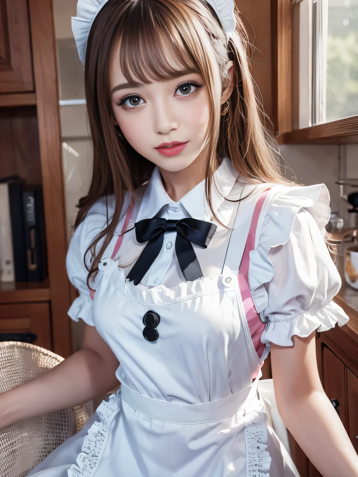 (8K Photo Quality、Ultra-high resolution、whole bodyショット、Thighasterpiece, Highest quality),1 girl, -yeld gialone, ((whole body))、Mini apron、(((white frilly maid apron)))、((The apron is made of lace fabric.))、kitchen、(( Look up a little, Make a kissing face.)))、Kiss welcomes photographers、
