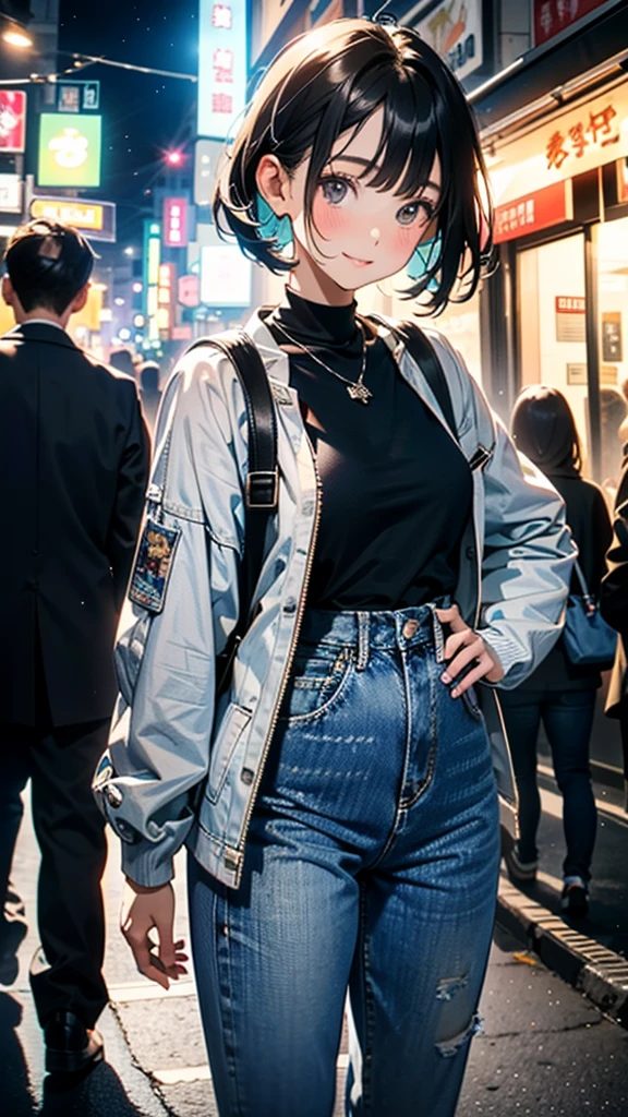 (8k, RAW Photos, 最high quality, masterpiece:1.2), high qualityのRAWカラー写真, Professional photo shoot, Cinematic Light, alone, (((young woman, Gal))), (Sharp features), (Small face), (Skin with attention to detail:1.2), clavicle, Cute Face, Beautiful appearance, Long eyelashes,Girl Turning Around, smile, (Black Hair, Long straight line), Jersey, High waist denim pants, sneakers, Backpack, Night Park, Confident attitude, Capture the happy moment, Artistic painting,Attractive thighs, (Very nice touch:1.2),はにかんだsmile), Peaceful atmosphere, Oil painting style, Bright colors, (Are standing:1.5, aquarium, Cowboy Shot), Smooth texture, Gazing Eyes, Beautiful Skin, Glowing Skin, ((Perfect Fingers, Five Fingers, Anatomically correct)), Background Blur, high quality, Surreal, ((Very detailed, photo shoot)),Many people々、blush、Plump、Close-up、Mysterious aquarium、Backlight、Blue light