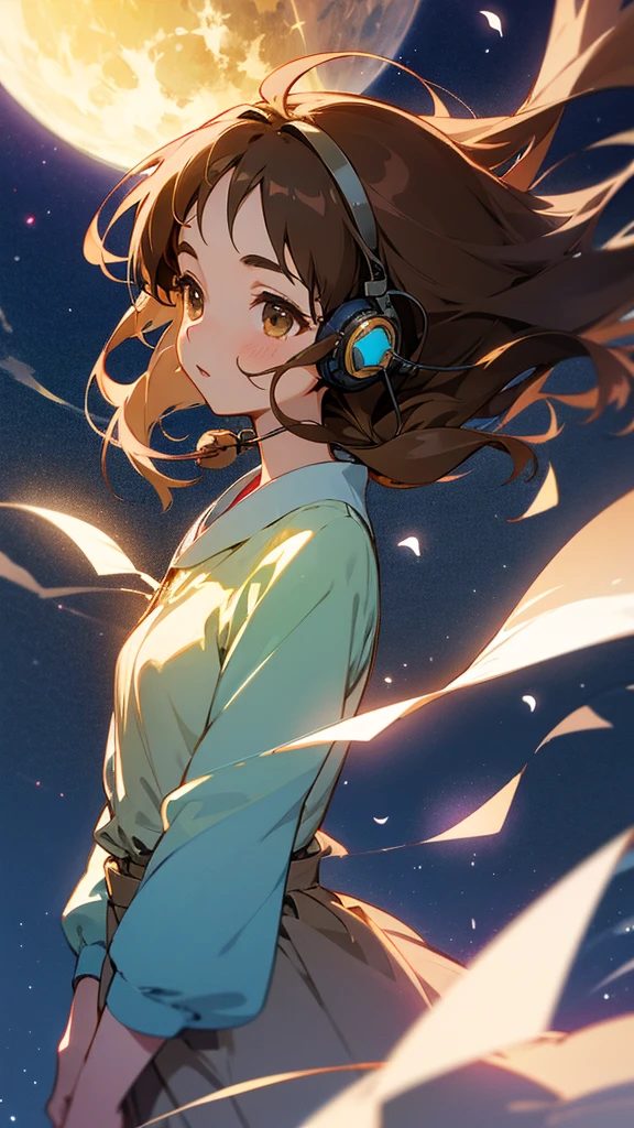 Ghibli-style images、One girl, High resolution, Brown Hair, Sparkle Effect, Backlight, Highest quality, headphone、Soaring in the night sky
