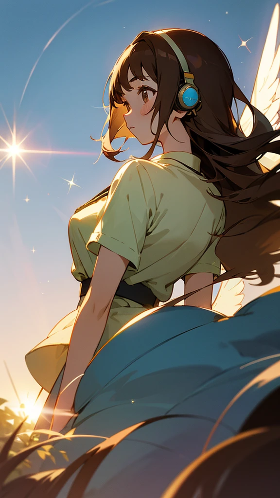 Ghibli-style images、One girl, High resolution, Brown Hair, Sparkle Effect, Backlight, Highest quality, headphone、Soaring in the night sky
