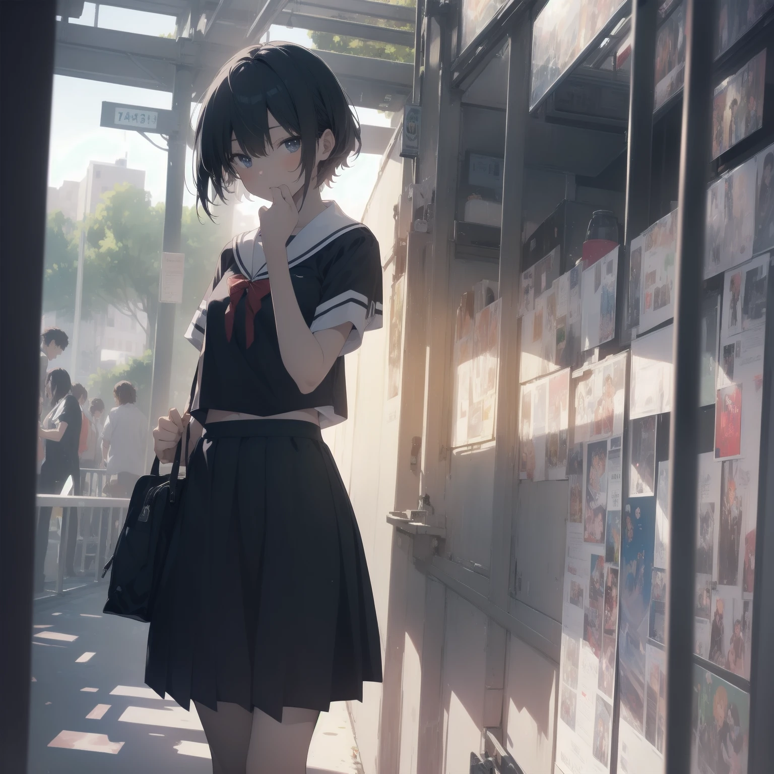 ultra-absurdres-Top quality by artist God, ultra-detailed, high resolution, anime moe artstyle, best anime 8k konachan wallpaper, pixiv contest winner, pool:2810, perfect anatomy,break, 1girl, (Please draw a girl walking sleepily to school alone. )break,(Solo,little female, -yeld:1.Full limbs, complete fingers,a junior hihort hair), short cut, flat chest, , small butt, small black eyes, beautiful detailed eyes, well-proportioned iris and pupils, expressive eyes, highres detailed hair, soft expression, salor school_uniform, sailor collar, serahuku, bow, pleated skirt,(Detailed Lighting), (Detailed background), in the School commute route. break,super detailed skin, Best cinematic lighting powered by famous artist, 8k,beauty illustration,photoshop_(medium),very aesthetic,break,((artist:kotorai )), artist:clamp ,artist:carnelian ,artist:kantoku ,