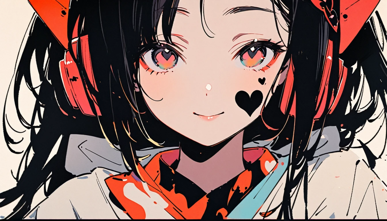 ((Ink Painting)), (((1 girl))), (((Heart tattoo on face))), (((Gorgeous hair accessories))), Japanese style headphones, face close-up, Japanese beautiful girl, Black Hair, Glare, smile, Small devil, Droopy eyes, Fashion portrait color photos