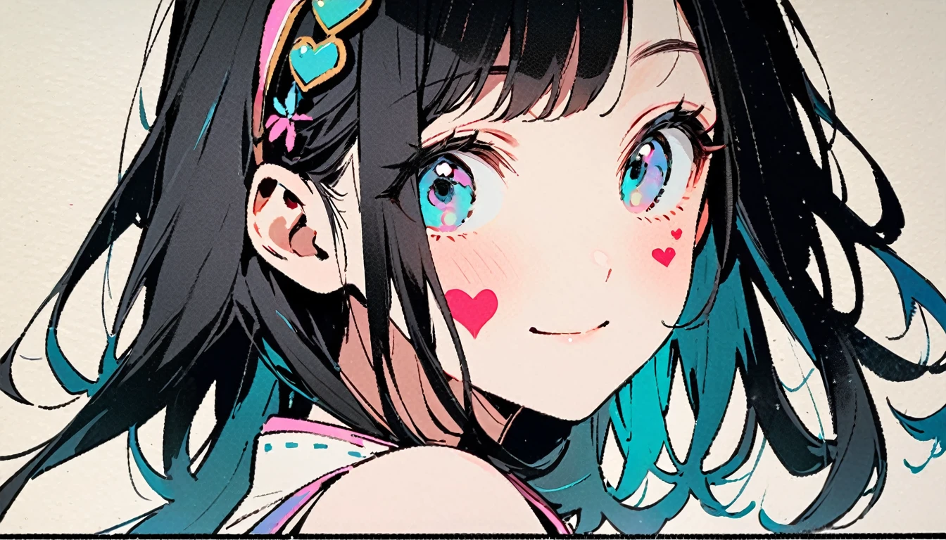 ((Ink Painting)), (((1 girl))), (((Heart tattoo on face))), (((Gorgeous hair accessories))), Japanese style headphones, face close-up, Japanese beautiful girl, Black Hair, Glare, smile, Small devil, Droopy eyes, Fashion portrait color photos