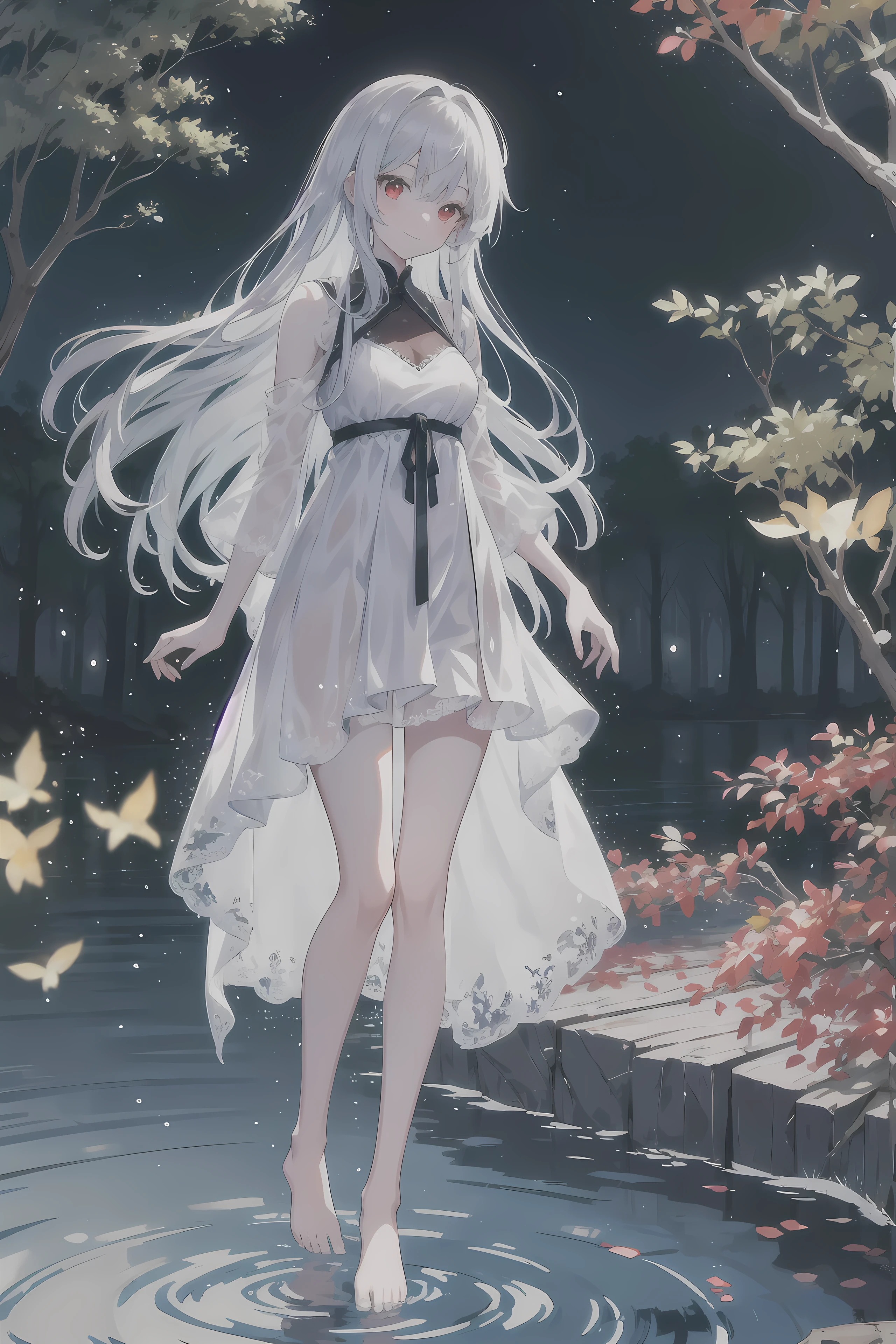 Dreamy and beautiful moonlight in the dark forest。View of a 15-year-old girl from above。(wet silver hair and red eyes)。smile slightly。She wore only a long transparent white cloth with beautiful lace trim。Soak the cloth in water。(splashing in the dark forest lake at night)。(Hair or clothes are wet)。splash。Wet strands of hair。dripping water drops。Fantastic fireflies floating in the air、Light also reflects from water。near method and far method。glitter effects。Dynamic composition with depth。extremely high quality、High level of image quality、extremely delicate。Rare workmanship,round,Room, firm breasts),barefoot,float,water surface,(long legs,long legs,long legs,Gestalt),full-body shot。standing posture