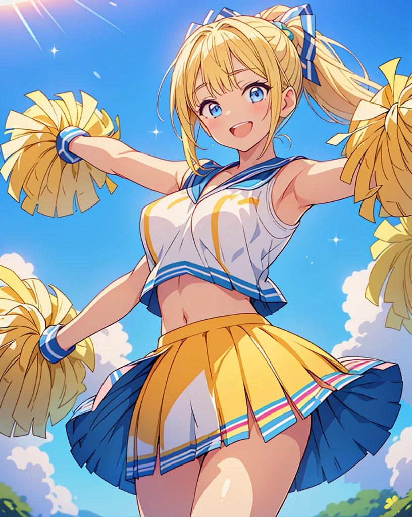 (Highest quality, 32K, High resolution, Masterpiece:1.5, ), One Girl, Cute anime-style illustrations, god々It has a brilliant and healing power., , Expressing emotions, Have a rich imagination, Cute Japanese Girls, Perfect Human Anatomy, Big light blue eyes, Motherhood and generosity, Deep Love, ((A powerful smile:1.6)), ((Shiny Blonde:1.2)), ponytail, Asymmetrical bangs, Hair between the eyes, Transparent, soft white skin, Sharp eyebrows, Thin lashes, Natural Makeup, Cheek highlighter, Detailed and cute lips, (Cheerleader Costumes:1.6), Slim figure with ample breasts, Beautifully detailed skies, ((The summer sunshine pouring down:1.2)), god秘的