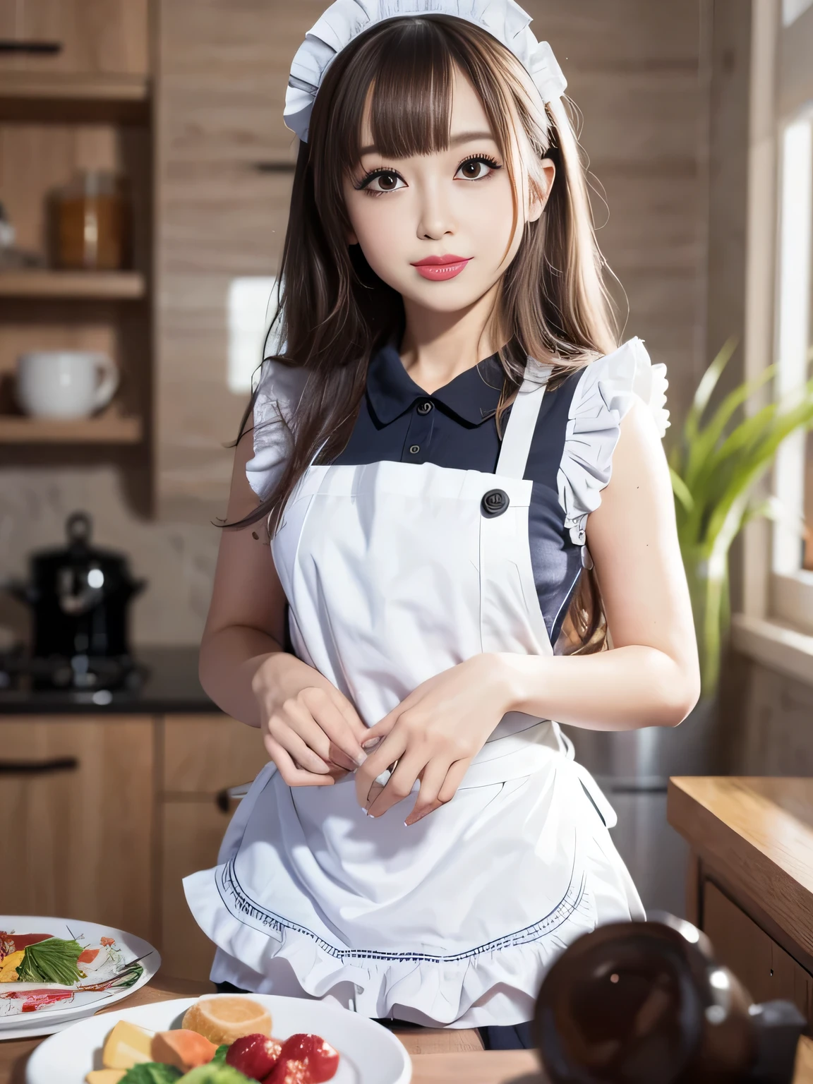 (8K Photo Quality、Ultra-high resolution、whole bodyショット、Thighasterpiece, Highest quality),1 girl, 16-year-old girl、alone, ((whole body))、Mini apron、(((white frilly maid apron)))、((The apron is made of lace fabric.))、kitchen、(( Look up a little, Make a kissing face.)))、Kiss welcomes photographers、