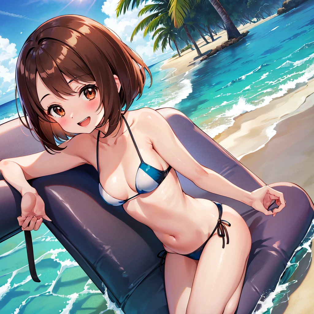 masterpiece, Highest quality, High resolution, Gloria1, 1 Girl, Gloria\(Pokémon\), Brown Hair, , Brown Eyes, , Short Hair, , Bobcut, bangs, , 1Describe a girl carefully 1Girl smile blush Open Mouth blush beach Ocean Sexy Bikini