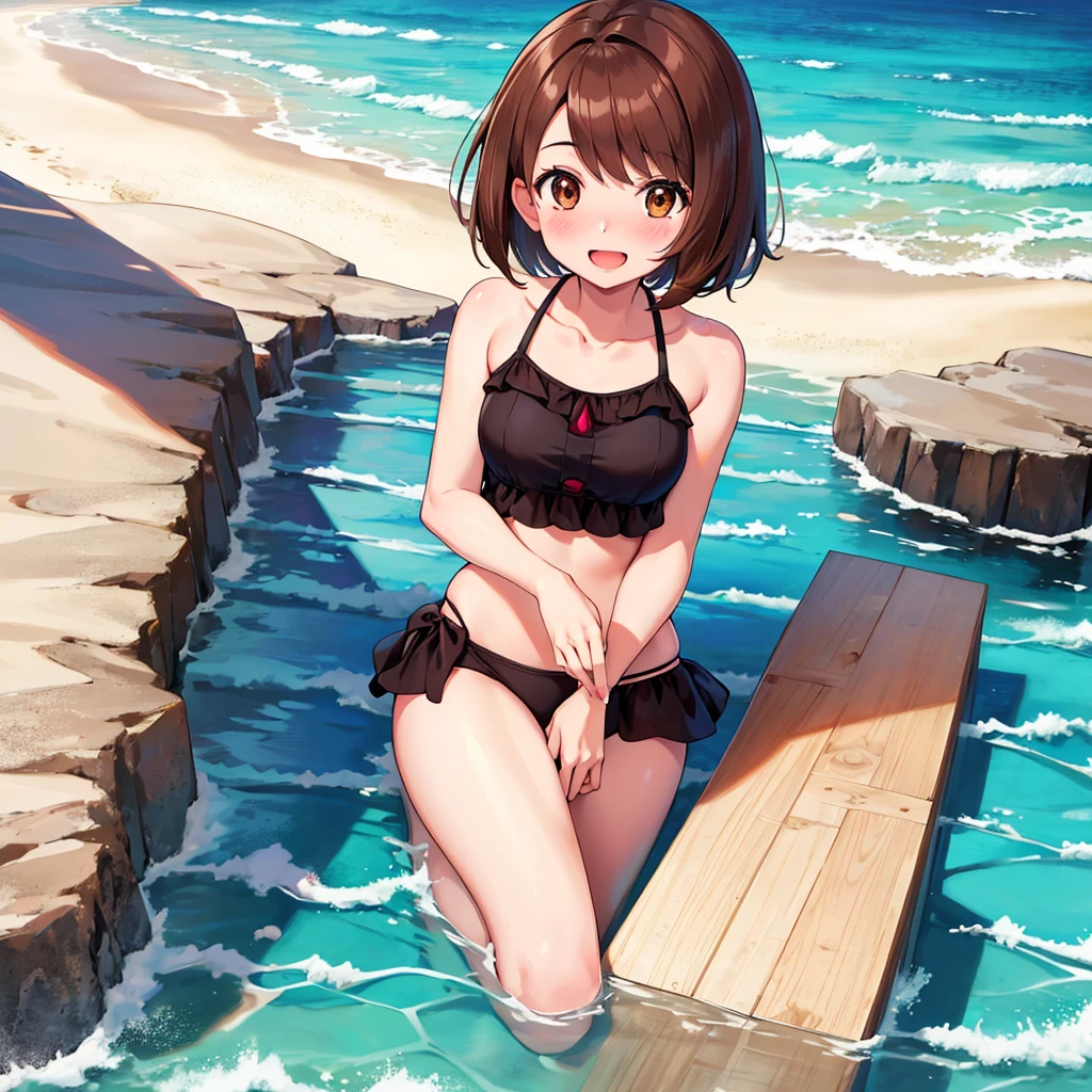 masterpiece, Highest quality, High resolution, Gloria1, 1 Girl, Gloria\(Pokémon\), Brown Hair, , Brown Eyes, , Short Hair, , Bobcut, bangs, , 1Describe a girl carefully 1Girl smile blush Open Mouth blush beach Ocean Sexy Bikini