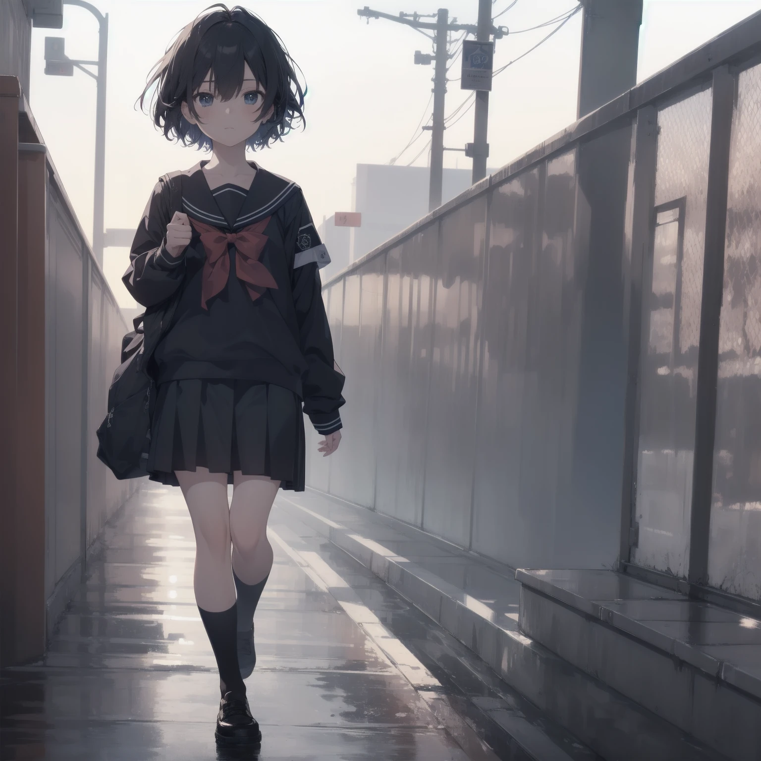 ultra-absurdres-Top quality by artist God, ultra-detailed, high resolution, anime moe artstyle, best anime 8k konachan wallpaper, pixiv contest winner, pool:2810, perfect anatomy,break, 1girl, (Please draw a girl walking sleepily to school alone. )break,(Solo,little female, 13-year-old:1.3),Full limbs, complete fingers,a junior high school student, (very short hair), short cut, flat chest, , small butt, small black eyes, beautiful detailed eyes, well-proportioned iris and pupils, expressive eyes, highres detailed hair, soft expression, salor school_uniform, sailor collar, serahuku, bow, pleated skirt,(Detailed Lighting), (Detailed background), in the School commute route. break,super detailed skin, Best cinematic lighting powered by famous artist, 8k,beauty illustration,photoshop_(medium),very aesthetic,break,((artist:kotorai )), artist:clamp ,artist:carnelian ,artist:kantoku ,