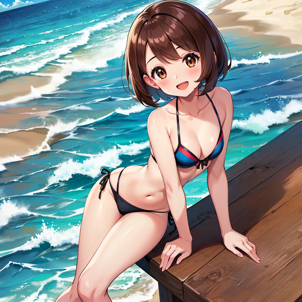 masterpiece, Highest quality, High resolution, Gloria1, 1 Girl, Gloria\(Pokémon\), Brown Hair, , Brown Eyes, , Short Hair, , Bobcut, bangs, , 　１Describe a girl carefully　１Girl　smile　blush　Open Mouth　blush　beach　Ocean　Sexy Bikini