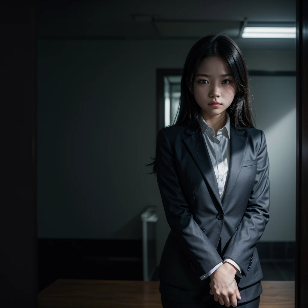 girl in suit in dark room