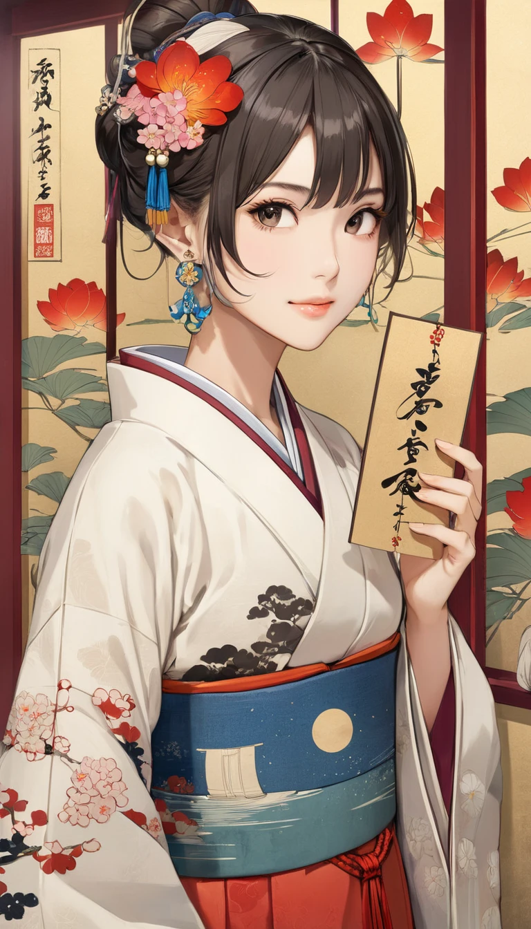 (masterpiece, Highest quality:1.2), One girl, alone,bony body、15 years old、Earrings、Edo Period、Hanafuda style