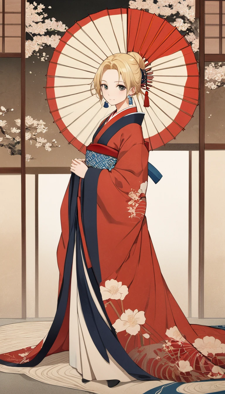 (masterpiece, Highest quality:1.2), One girl, alone,bony body、15 years old、Earrings、Blonde、Edo Period、Hanafuda style